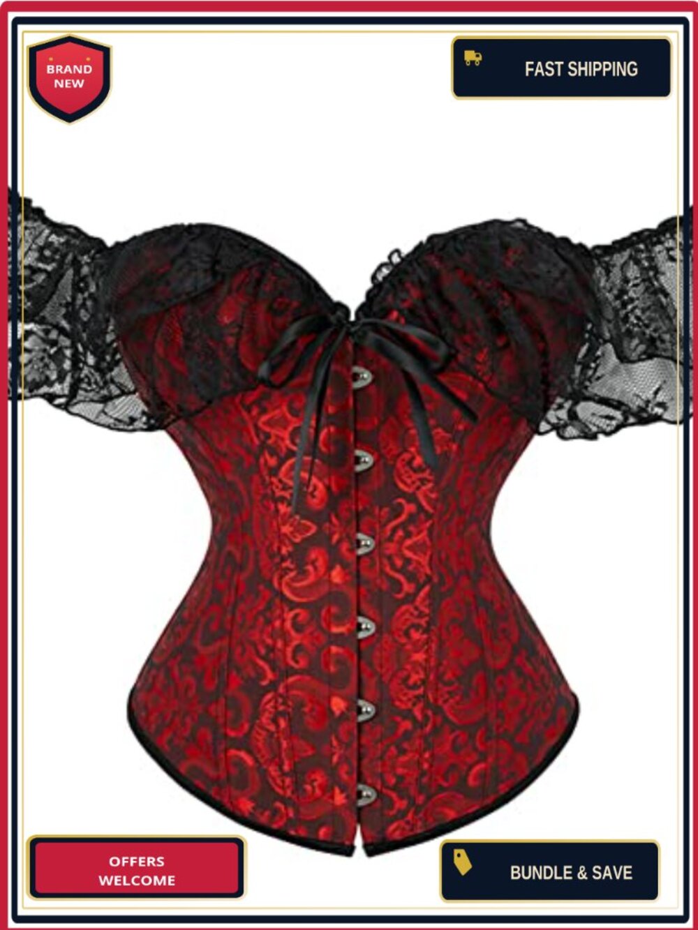 Overbust Lace Up Corset Top with Off Shoulder Lace Sleeves for Women